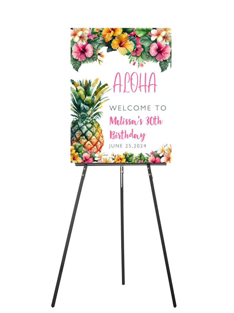 Editable Aloha Birthday Welcome Sign, Pineapple, Hawaiian, Tropical ...