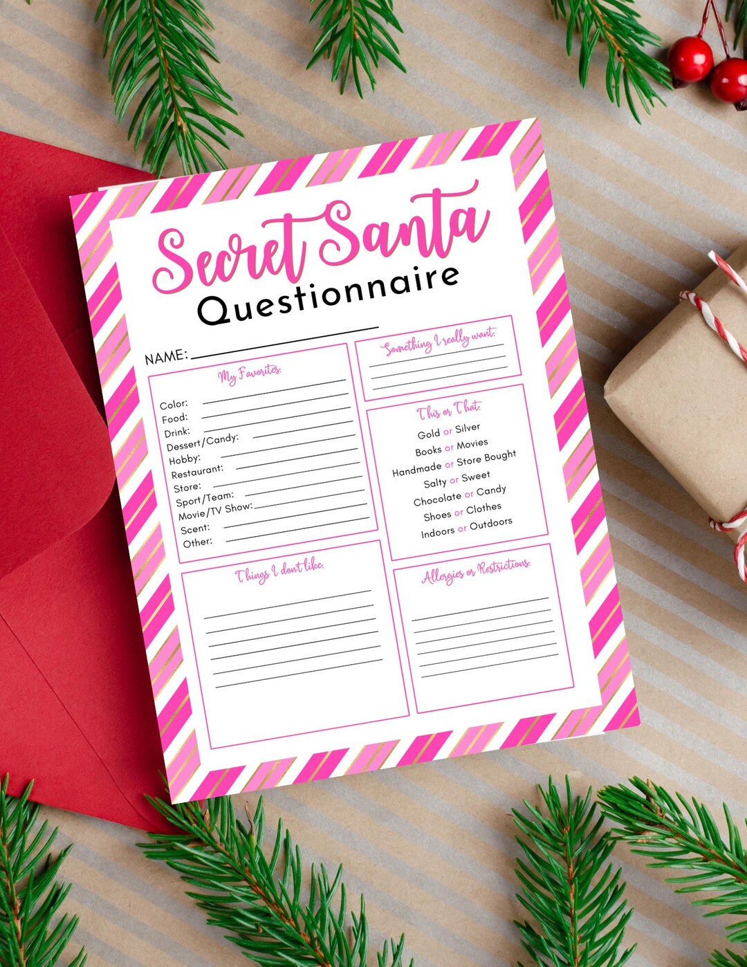 Pink Secret Santa Questionnaire, Holiday Game, Printable, Non-editable ...
