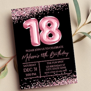 Invito modificabile per il 18° compleanno, invito rosa e nero, palloncino rosa 18, glamour, glitterato, invito stampabile o con testo