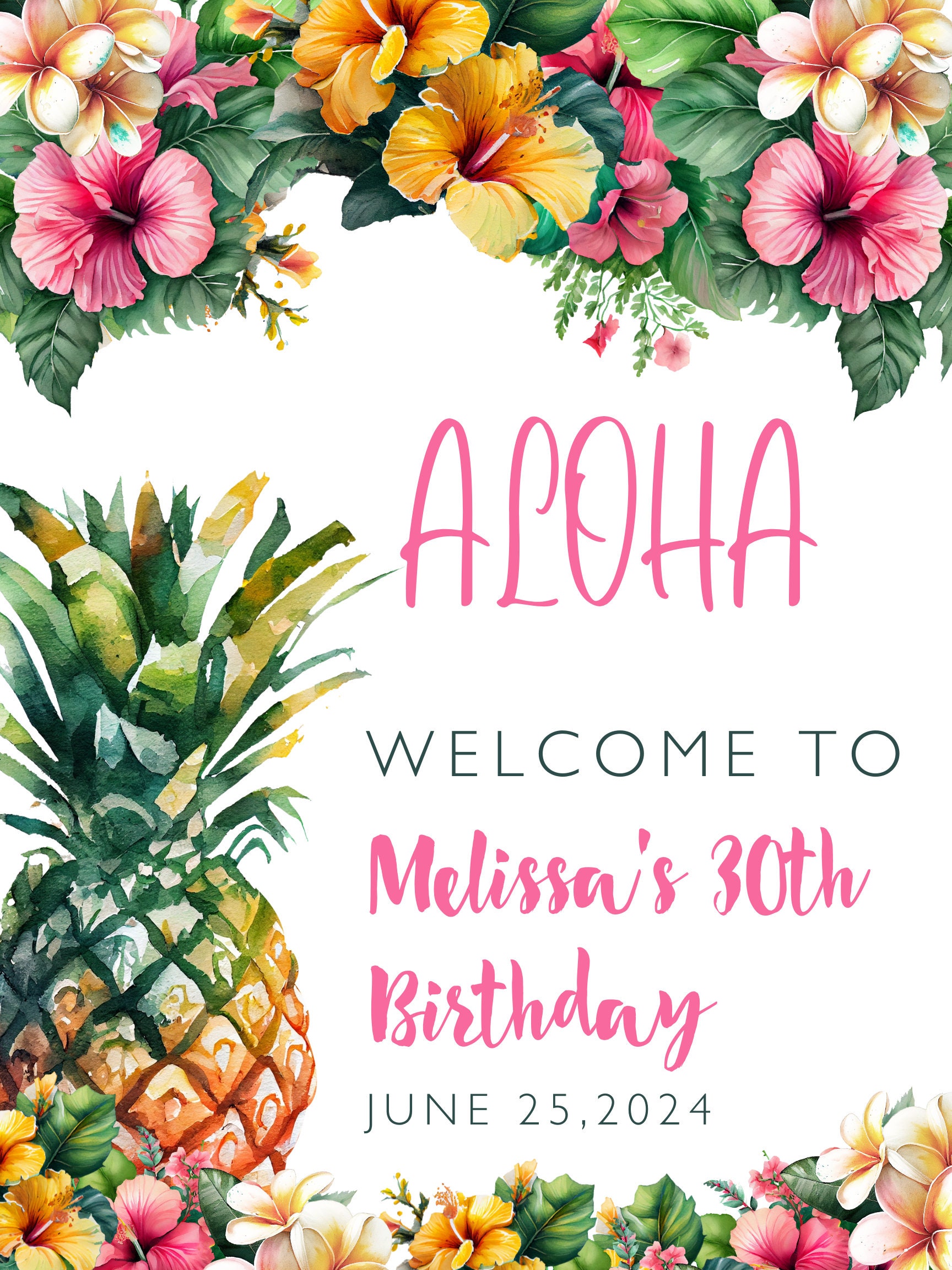 Editable Aloha Birthday Welcome Sign, Pineapple, Hawaiian, Tropical ...
