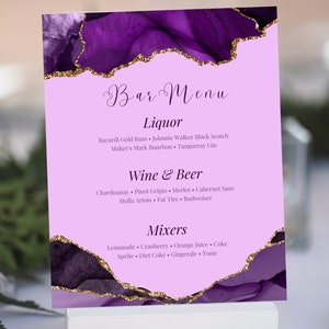 Editable Purple and Gold Bar Menu Card Template, Full Size Menu, Table Menu, Dinner Menu, Birthday Menu, Wedding Menu, Printable