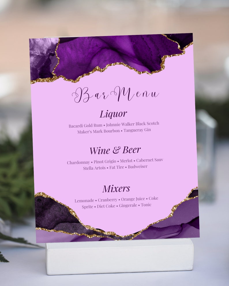 Pub Menu Card Editable Purple and Gold Bar Menu Card Template, Full Size Menu, Table ...