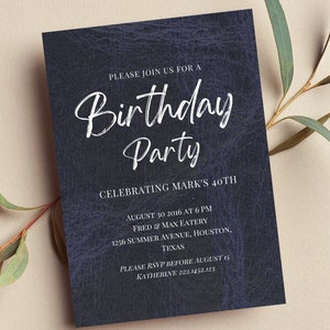 Editable Birthday Party Invitation for Men, Blue Invite, Masculine Invitation, Blue Leather Design, Digital Download, Printable, Text Invite
