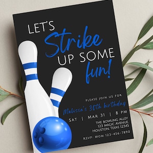 Editable Bowling Invitation, Let&#39;s Strike Up Some Fun, Birthday Bowling, Blue, Printable or Digital Invitation