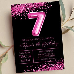 Editable 7th Birthday Invitation, Hot Pink and Black Invitation, Hot Pink 7 Balloon, Glam, Glitter, Printable or Digital Invitation