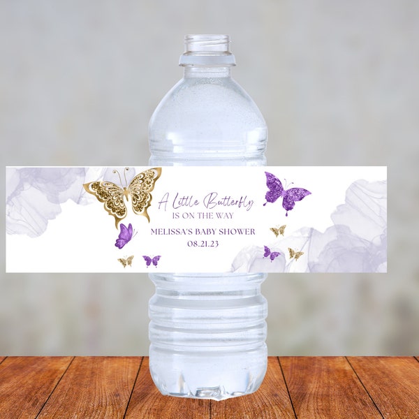 Editable Butterfly Water Bottle Label Template, Purple and Gold, Party Favor, Birthday, Wedding, Baby Shower, Printable, Instant