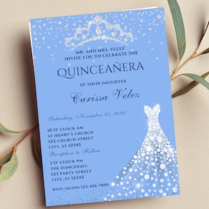 Editable Blue and Silver Quinceañera Invitation, Mis Quince Anos, Glam, Diamond, Printable or Text Invite