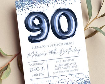 Editable 90th Birthday Invitation, Navy Blue and White Invitation, Navy Blue 90 Balloon, Glam, Glitter, Printable or Digital Invite