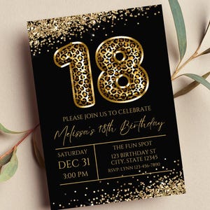 Editable 18th Birthday Invitation, Leopard Print, Black and Gold, Invitation, Animal Print 18 Balloon, Glam, Glitter, Print or Digital