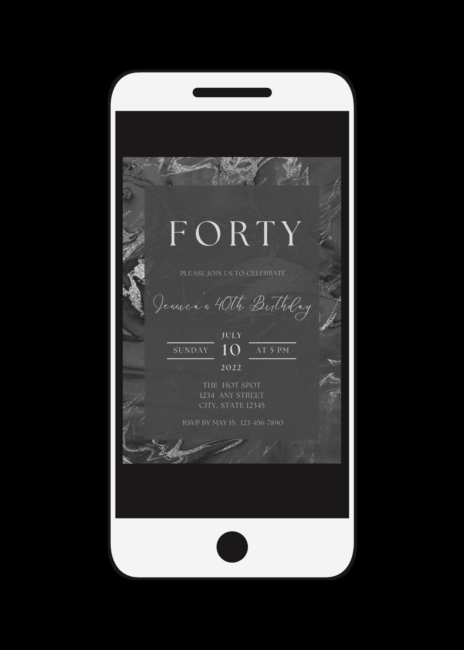 Editable Black and Silver Birthday Invitation Black Marble Etsy