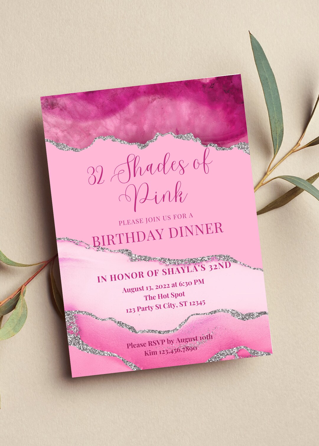 Editable Shades of Pink Invitation, Pink and Silver Birthday Dinner
