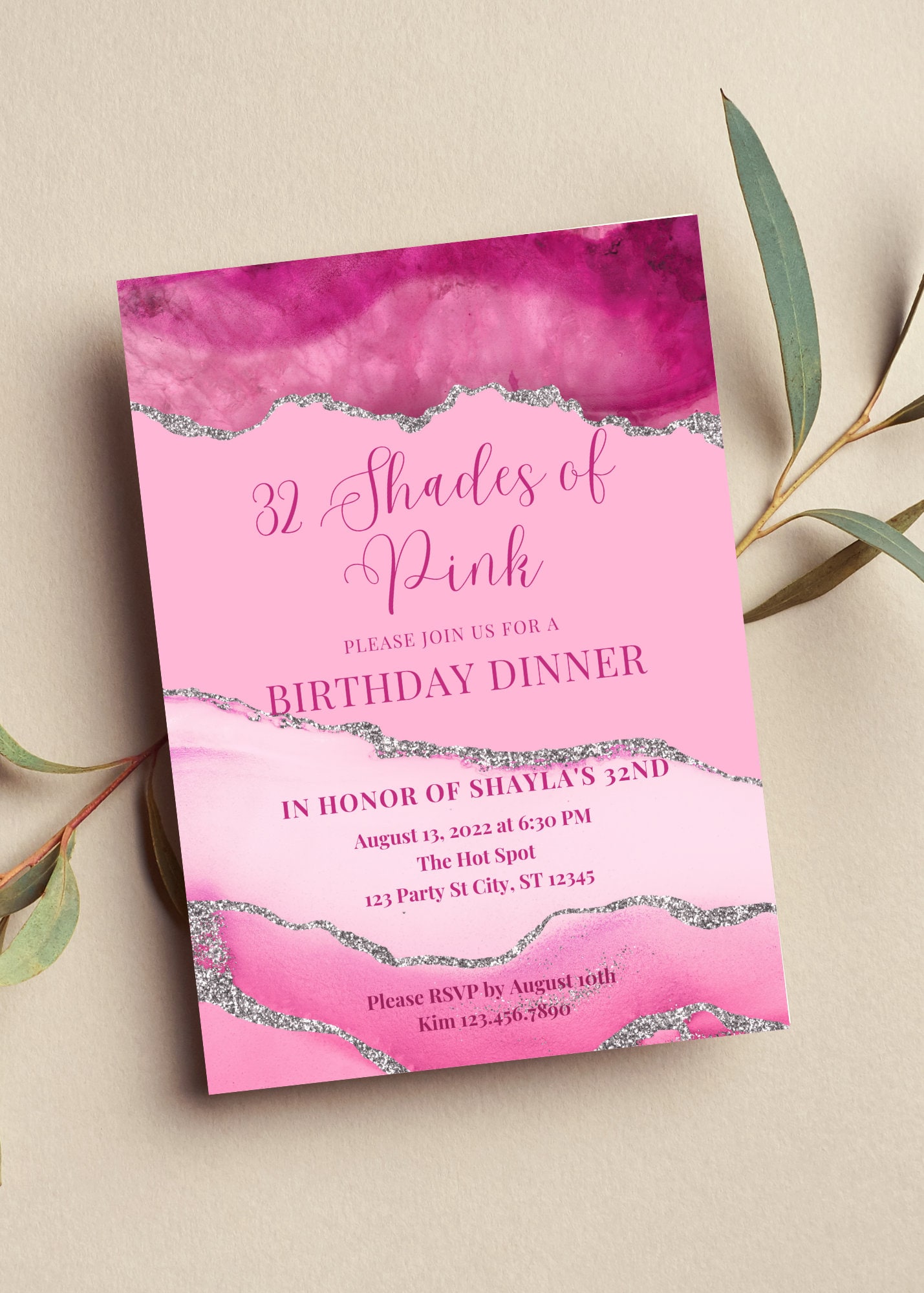 Editable Shades of Pink Invitation, Pink and Silver Birthday Dinner Invitation, Printable or Digital Invitation