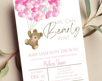 Editable We Can Bearly Wait Baby Shower Invitation Teddy Bear and Balloons Pink and White Girl Print or Text Invite