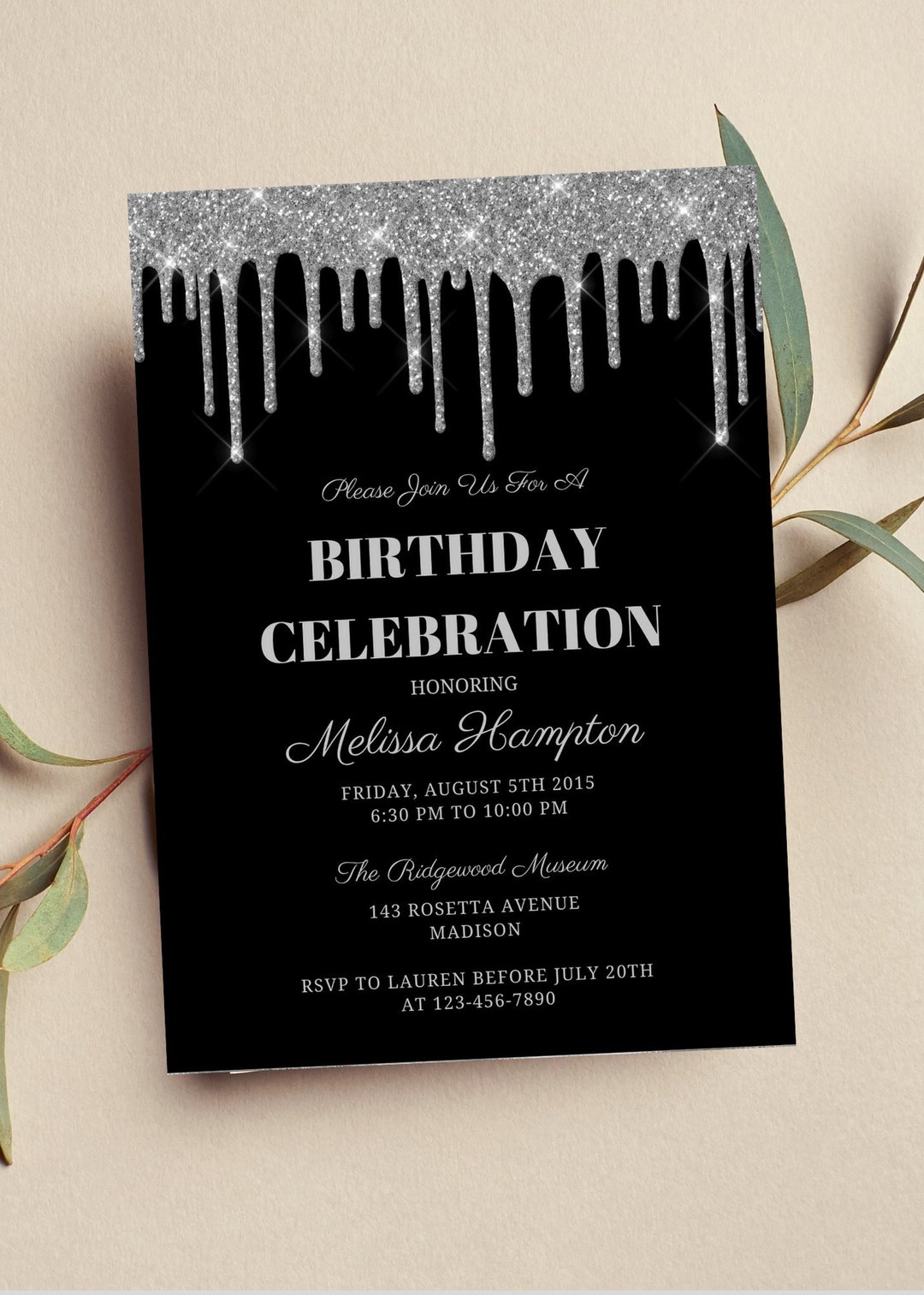 Editable Black and Silver Invitation, Birthday, Silver Glitter Drip Editable Black and Silver Invitation, Birthday, Silver Glitter Drip