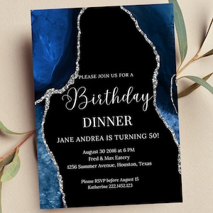 Editable Blue and Silver Invitation, Agate Birthday Dinner Invitation, Printable