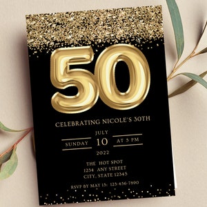Bearbeitbare 50. Geburtstagseinladung, Schwarz und Goldeinladung, Gold 50 Ballon, Glam, Glitter, Printable oder Text Invite