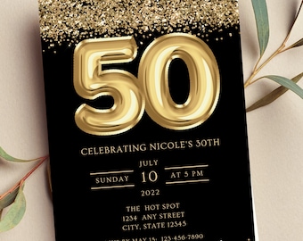 Editable 50th Birthday Invitation, Black and Gold Invitation, Gold 50 Balloon, Milestone Birthday, Glitter, Printable or Text Invite