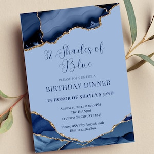 Editable Shades of Blue Invitation, Blue and Gold Birthday Dinner Invitation, Agate Invite, Print or Text Invite
