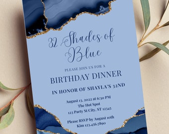 Editable Shades of Blue Invitation, Blue and Gold Birthday Dinner Invitation, Agate Invite, Print or Text Invite