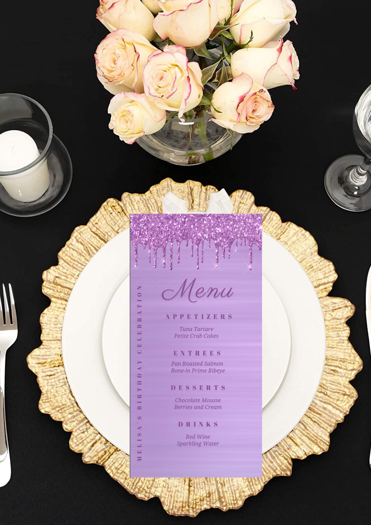 Editable Purple Menu Template, Purple Glitter Drip Menu Card, Birthday ...