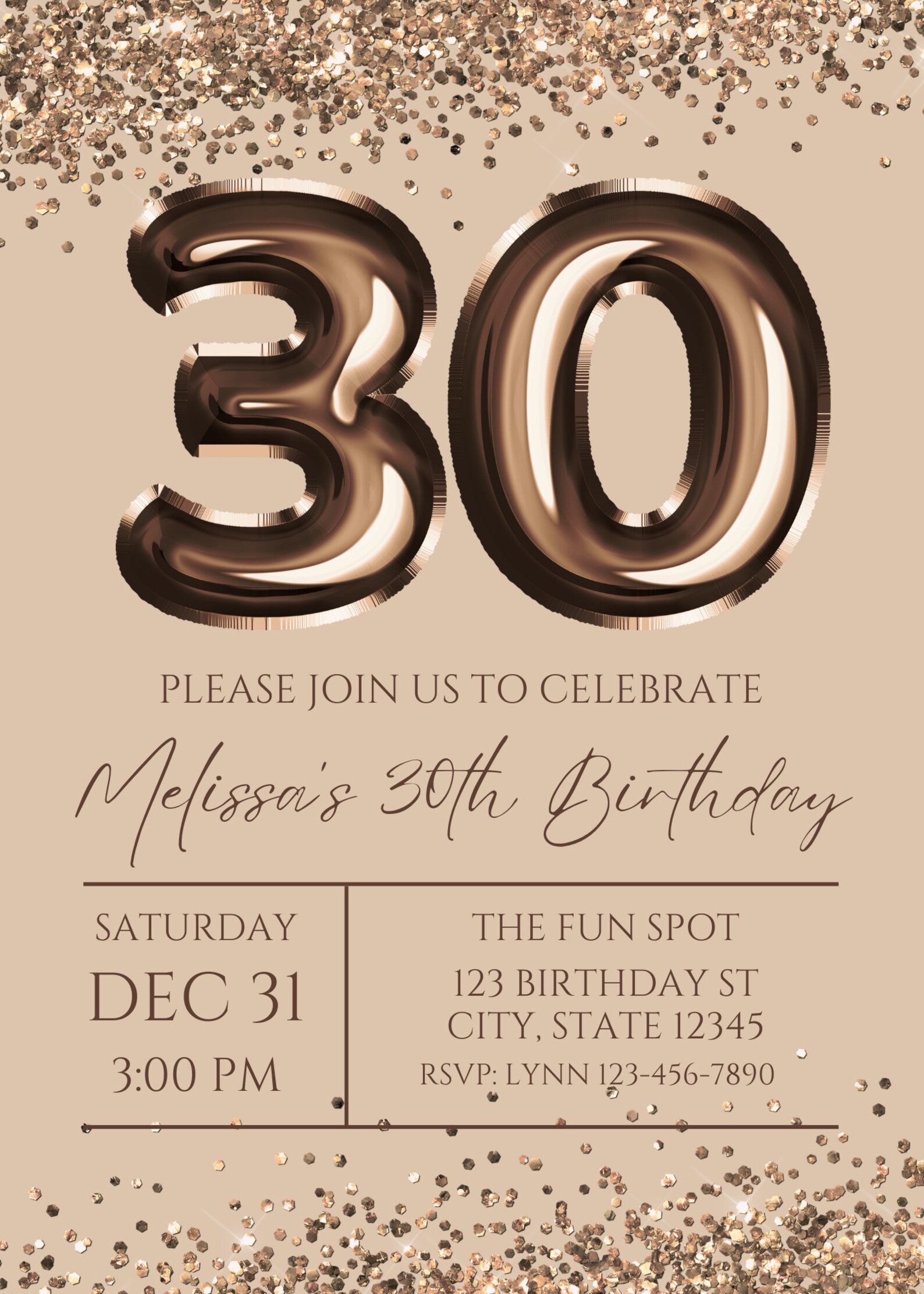 Editable 30th Birthday Invitation, Brown Invitation, Brown 30 Balloon ...