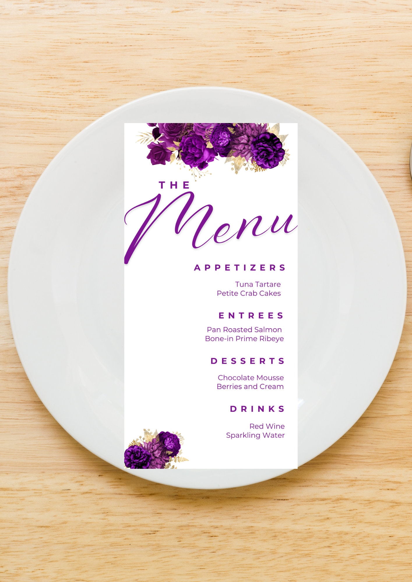 Editable Menu Card Template, Purple and Gold Menu Cards, Floral, Dinner ...