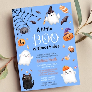 Editable A Little Boo is Almost Due, Blue, Boy Halloween Baby Shower, Printable or Digital Invitation