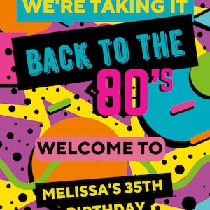 Op de afbeelding: Een kleurrijke uitnodiging voor een verjaardagsfeest in de stijl van de jaren 80 met de tekst "We're taking it back to the 80's. Welcome to Melissa's 35th Birthday."