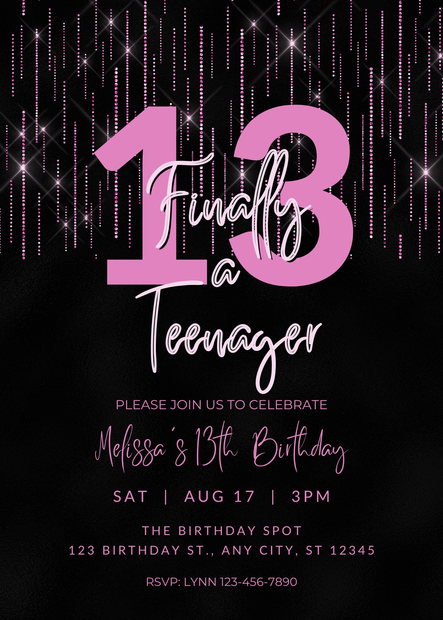 editable-13th-birthday-invitation-finally-a-teenager-pink-and-black-invitation-girl-invite-printable-or-text-invite-etsy