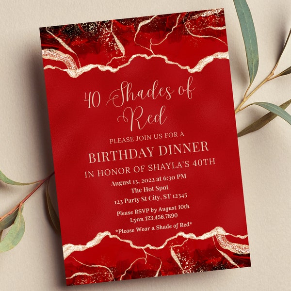 Editable Shades of Red Invitation, Agate Birthday Dinner Invitation, Red and Gold, Printable or Text Invite