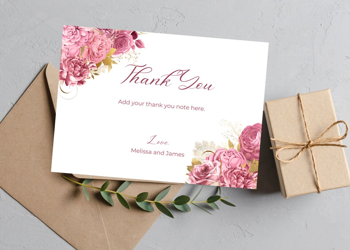 Printable Thank You Card Editable Pink and Gold Floral Thank - Etsy