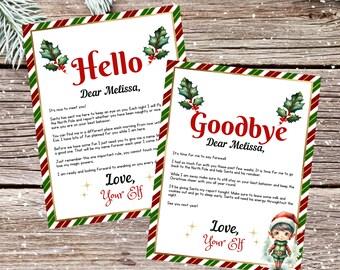 May include: Two printable letters from Santa's elf to a child named Melissa. The first letter says "Hello" and the second letter says "Goodbye". Both letters have a red and green striped background with holly and a gold border. The letters are written in a festive font and include a drawing of an elf.