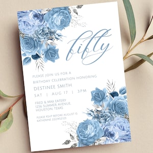 Editable Baby Blue and Silver Floral Invitation, Baby Blue and Silver Flowers, Birthday Invitation, Printable or Text Invite