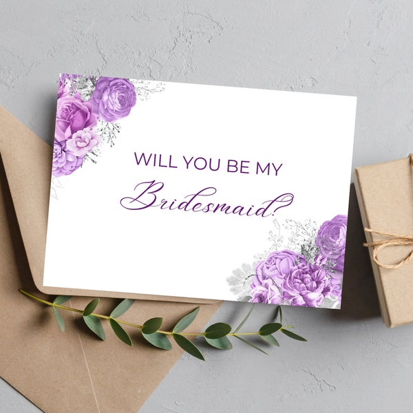 Editable Bridesmaid Proposal Card, Lavender and Silver Floral Bridesmaid Proposal Card, Will You Be My Bridesmaid, Maid of Honor, Printable