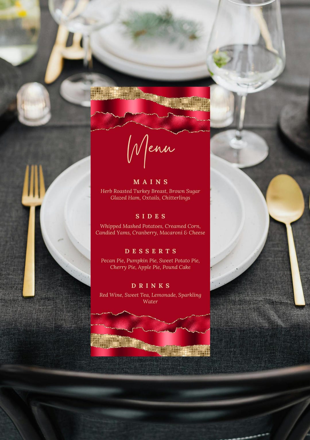 Elegant Red and Gold Dinner Party Menu Template, Printable, Digital ...