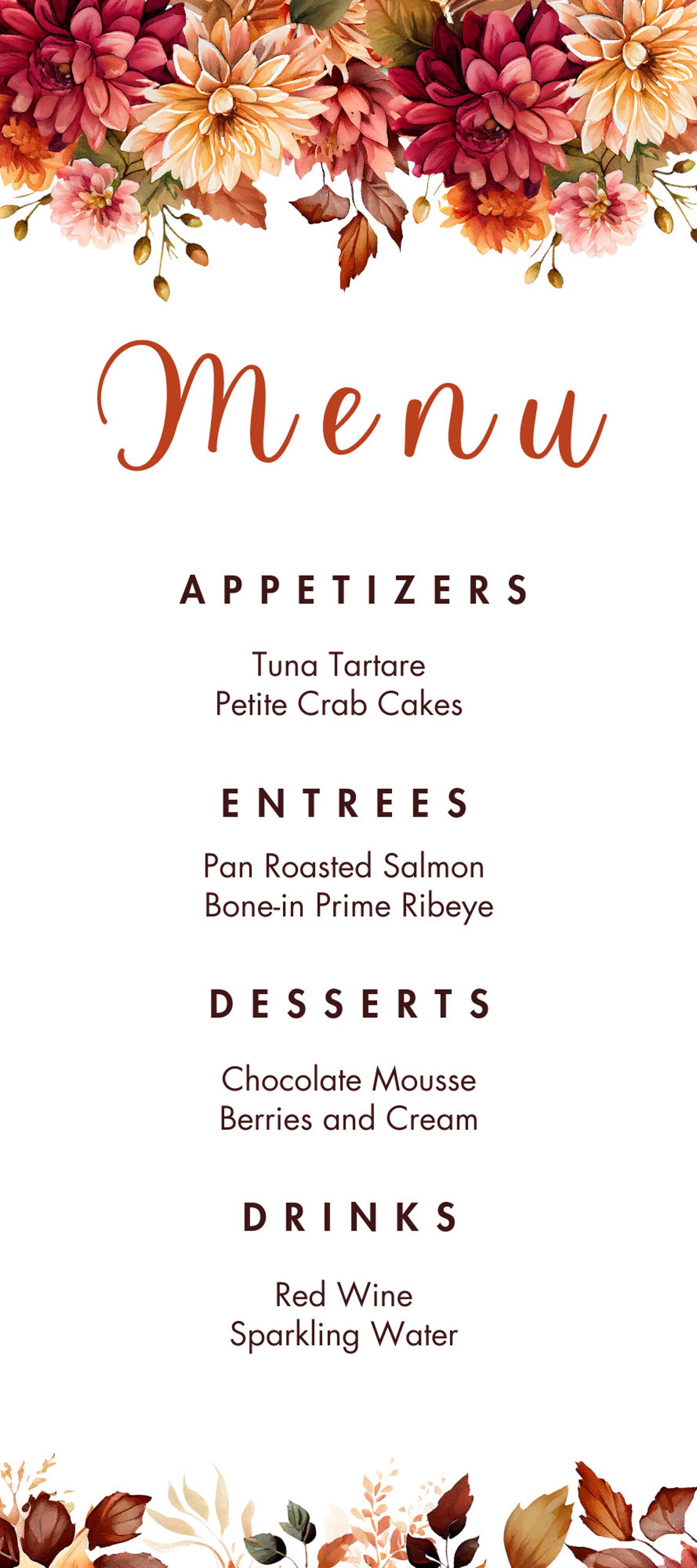 Editable Fall Menu Cards Template, Autumn Menu, Floral , Birthday ...