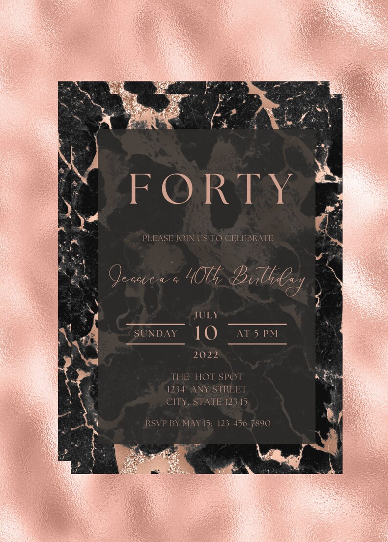 Editable Rose Gold and Black Birthday Invitation, Black Marble ...
