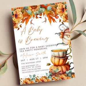 Modifiable Un bébé prépare une invitation à une dégustation de thé automne baby shower tea party citrouille automne nuptiale anniversaire impression ou invitation texte