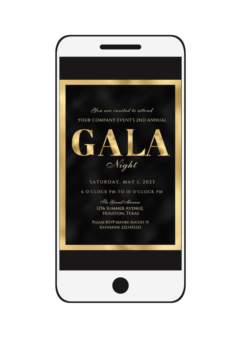 May include: A black and gold mobile phone screen displaying an invitation to a gala event. The invitation features the text "GALA Night" in gold lettering and details the event date, time, location, and RSVP information.