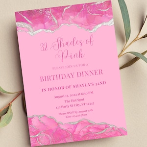 Editable Shades of Pink Invitation, Pink and Silver, Agate Birthday Dinner Invitation, Printable or Text Invite
