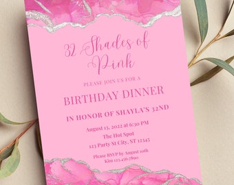 Editable Shades of Pink Invitation, Pink and Silver, Agate Birthday Dinner Invitation, Printable or Text Invite