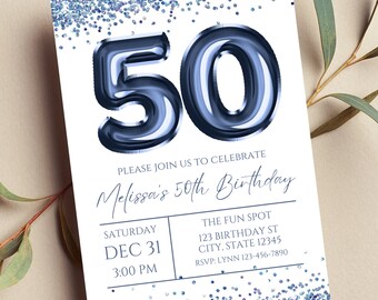 Editable 50th Birthday Invitation, Navy Blue and White Invitation, Navy Blue 50 Balloon, Glam, Glitter, Printable or Text Invite