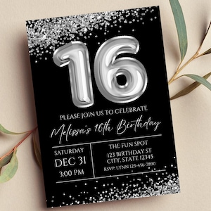Bearbeitbare 16 Geburtstagseinladung, Sweet 16, Silber und schwarze Einladung, Silber 16 Ballon, Glam, Glitter, druckbar oder digital