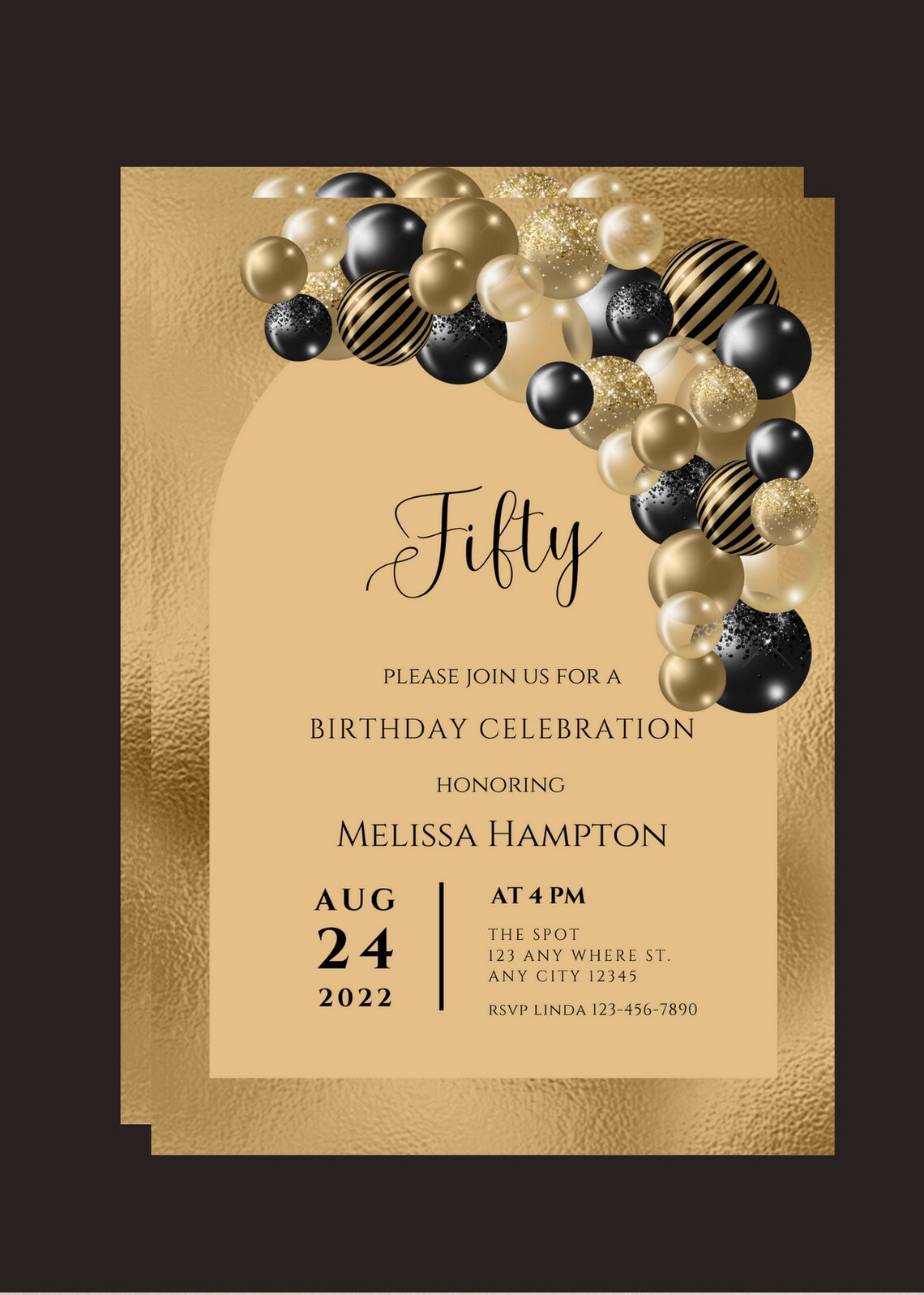 Editable Black and Gold Birthday Invitation, Black and Gold Balloon ...
