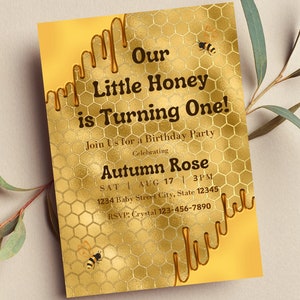 Editable Our Little Honey is Turning One Birthday Invitation, Dripping Honey, Gold Honeycomb, Printable Instant Download
