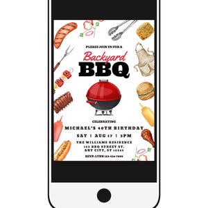 Puede incluir: La pantalla de un tel&eacute;fono inteligente que muestra una invitaci&oacute;n a una barbacoa en el patio trasero para el cumplea&ntilde;os n&uacute;mero 40 de Michael. La invitaci&oacute;n presenta una parrilla roja y negra, una variedad de alimentos y el texto "&Uacute;nase a nosotros para una barbacoa en el patio trasero para celebrar el cumplea&ntilde;os n&uacute;mero 40 de Michael S&aacute;b | 17 de agosto | 3:00 PM La residencia Williams 123 BBQ Street St. Any City, ST 12345 RSVP: Lynn 123-456-7890".