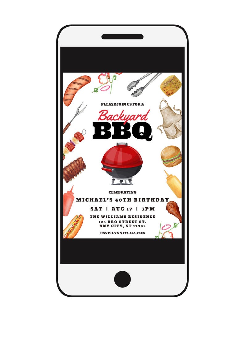 Puede incluir: La pantalla de un tel&eacute;fono inteligente que muestra una invitaci&oacute;n a una barbacoa en el patio trasero para el cumplea&ntilde;os n&uacute;mero 40 de Michael. La invitaci&oacute;n presenta una parrilla roja y negra, una variedad de alimentos y el texto "&Uacute;nase a nosotros para una barbacoa en el patio trasero para celebrar el cumplea&ntilde;os n&uacute;mero 40 de Michael S&aacute;b | 17 de agosto | 3:00 PM La residencia Williams 123 BBQ Street St. Any City, ST 12345 RSVP: Lynn 123-456-7890".