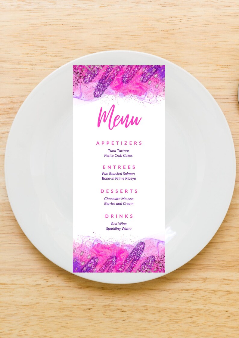 Editable Pink and Purple Menu Card Template, Birthday, Dinner Menu ...