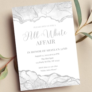 Editable All White Affair Invitation, All White Party Invitation,  White and Silver, Formal Attire Invite, Printable or Text Invite