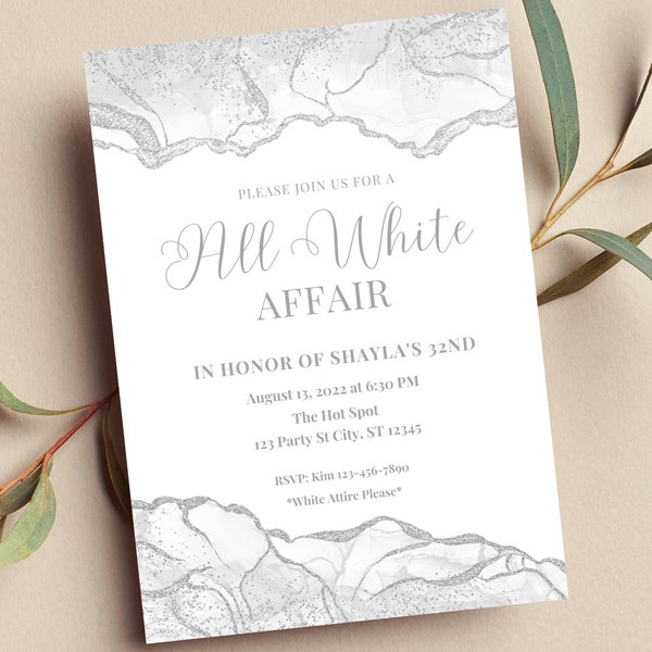 Editable All White Affair Invitation, All White Party Invitation,  White and Silver, Formal Attire Invite, Printable or Text Invite